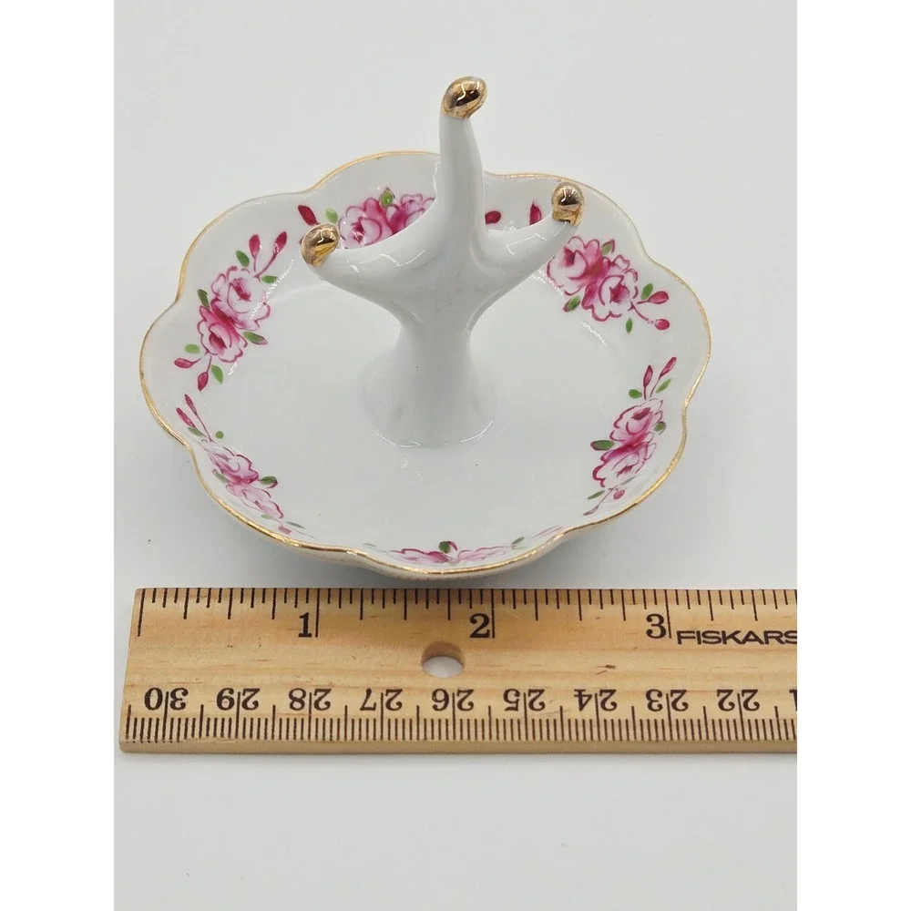 Vintage I.W. Rice Hand Painted Porcelain Ring Holder Pink Rose Gold Trim Japan